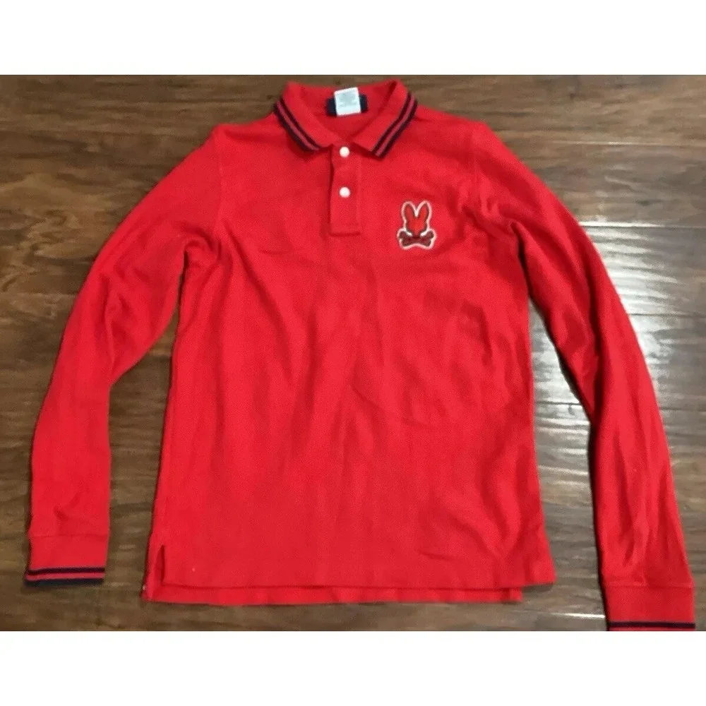 Psycho Bunny Shirt Mens 3 Red Polo Long Sleeve Tipped Pima Cotton